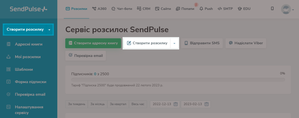 Кнопка «Створити розсилку» є на головній сторінці облікового запису SendPulse