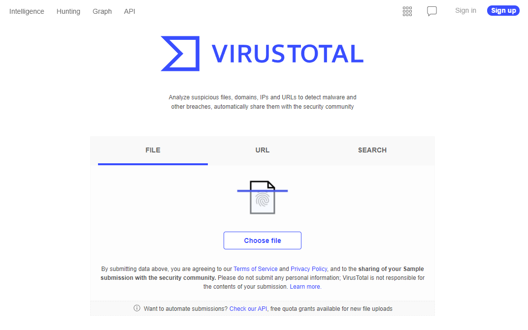 Головна сторінка VirusTotal