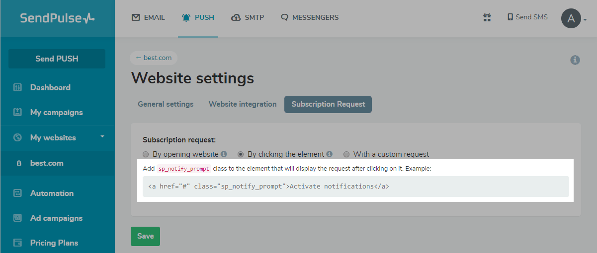Settings for the subscription request on clicking an element