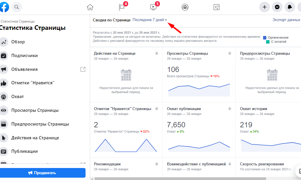 Просмотр статистики в Facebook за определенный период Просмотр статистики в Facebook за определенный период